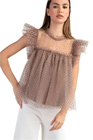 Polka Dot Printed Tulle Short Sleeve Top