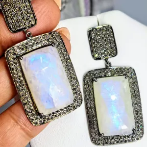 "Light Of The Silvery Moon" 2" Earrings - Moonstone, Diamonds, Black Sterling