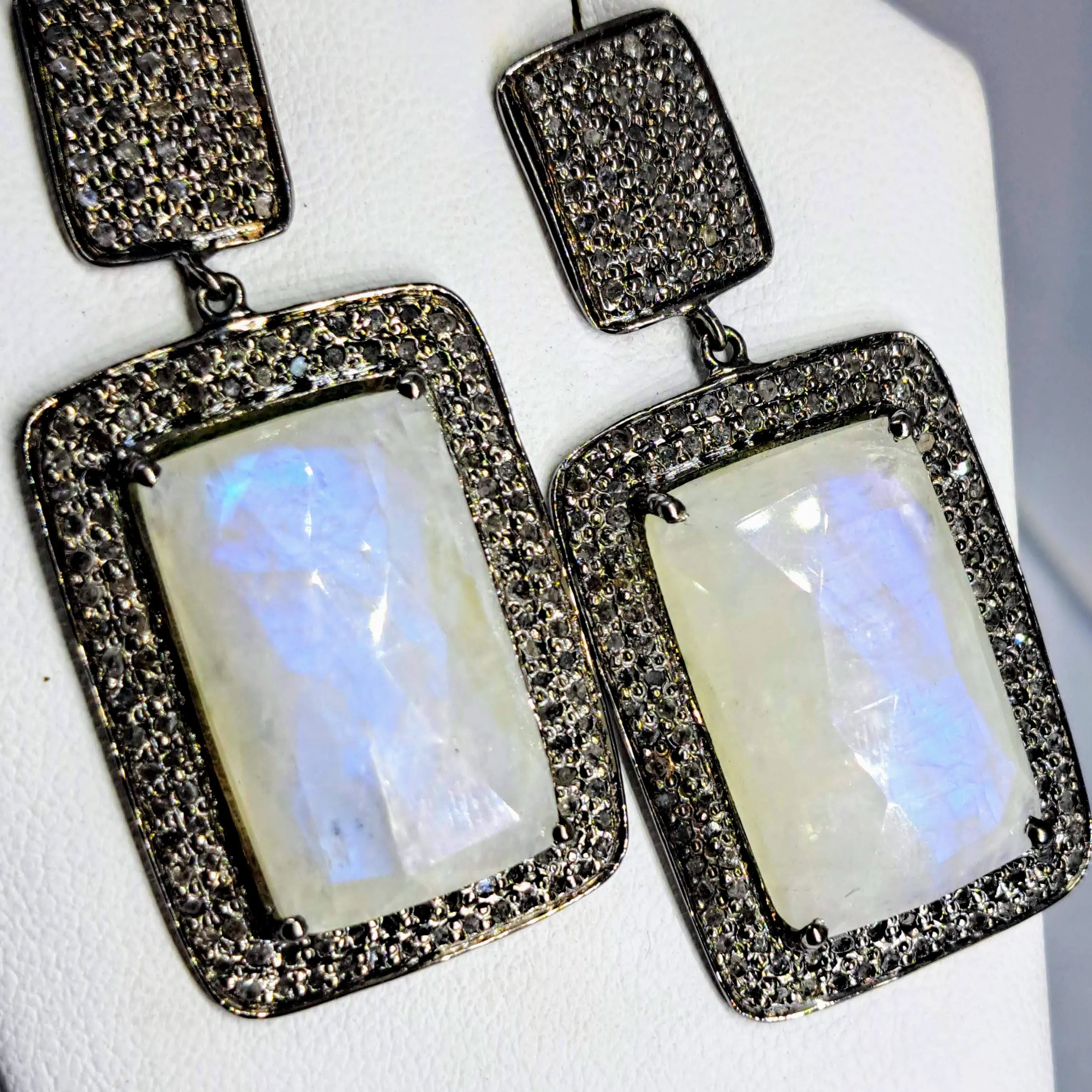 "Light Of The Silvery Moon" 2" Earrings - Moonstone, Diamonds, Black Sterling