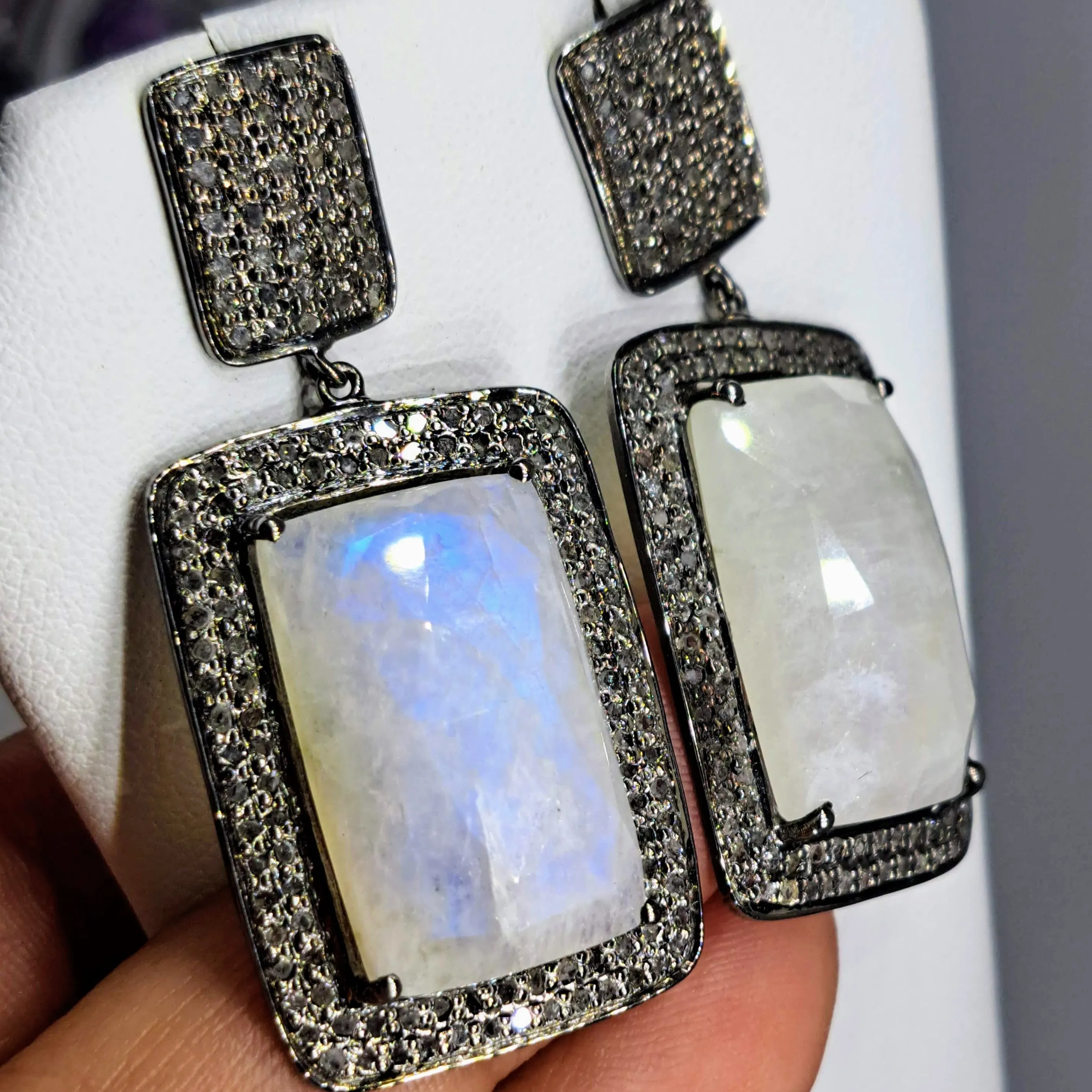 "Light Of The Silvery Moon" 2" Earrings - Moonstone, Diamonds, Black Sterling