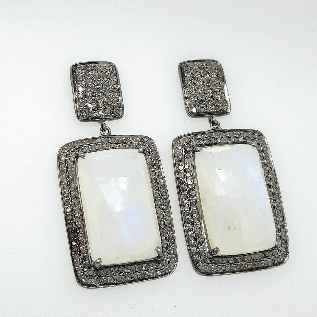 "Light Of The Silvery Moon" 2" Earrings - Moonstone, Diamonds, Black Sterling