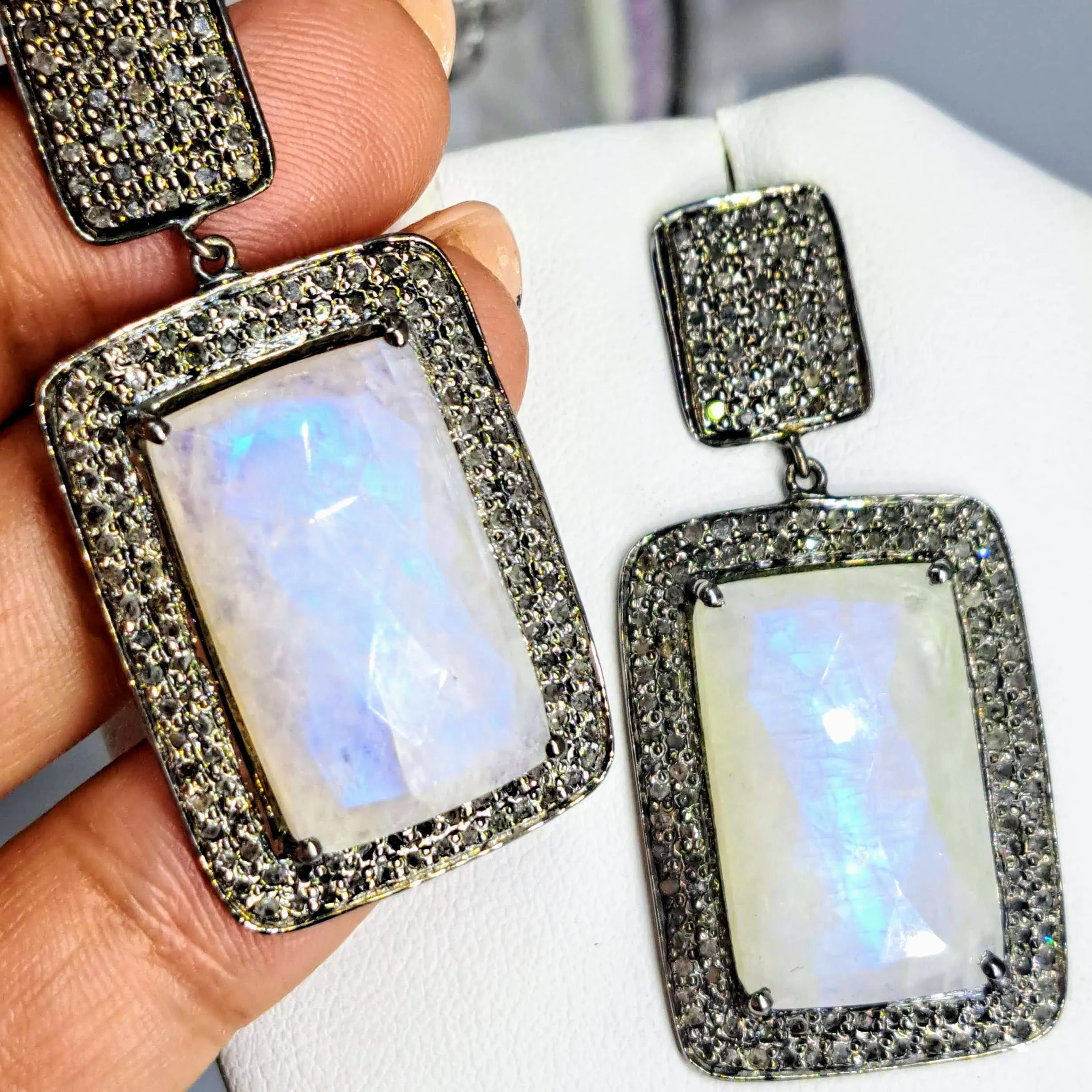 "Light Of The Silvery Moon" 2" Earrings - Moonstone, Diamonds, Black Sterling