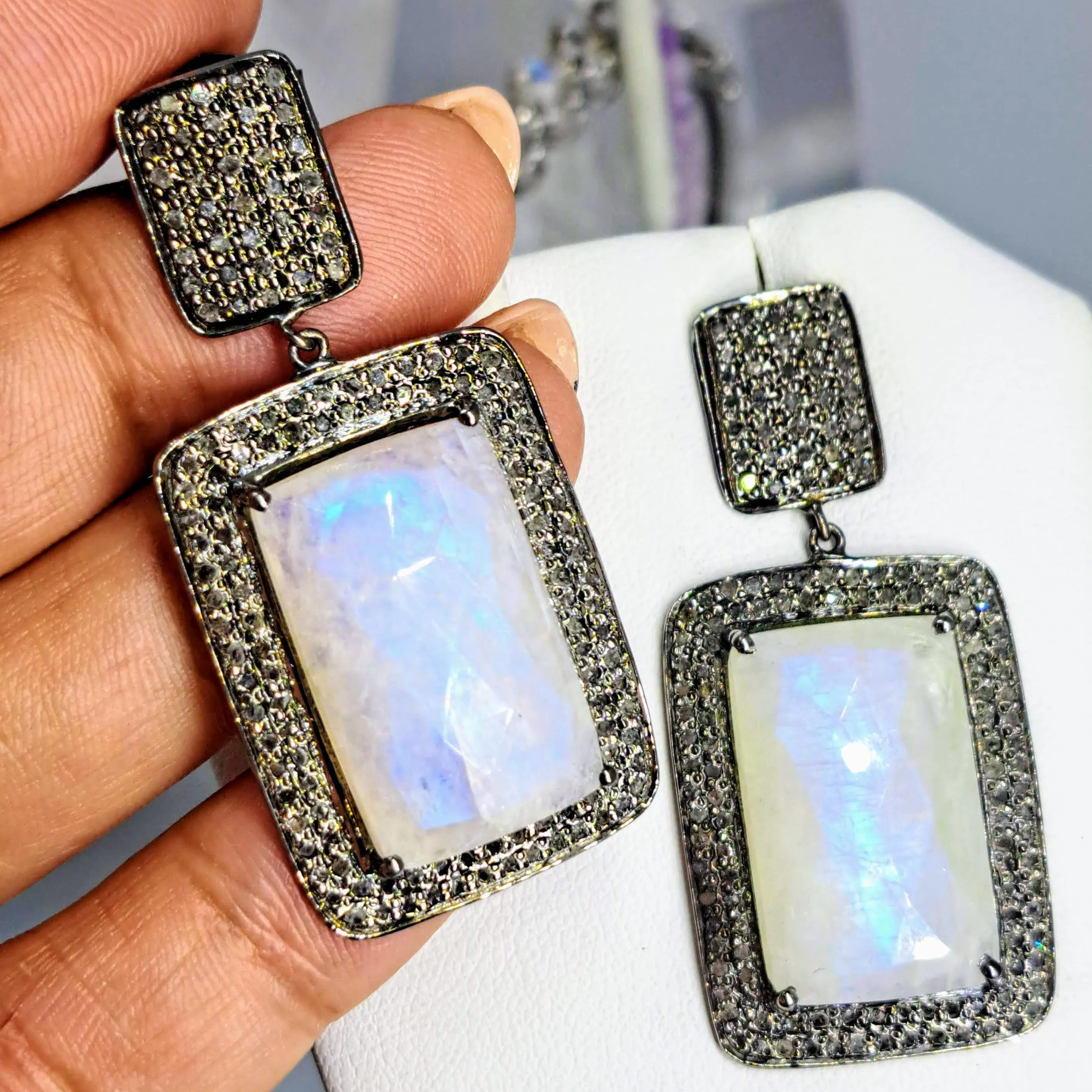 "Light Of The Silvery Moon" 2" Earrings - Moonstone, Diamonds, Black Sterling