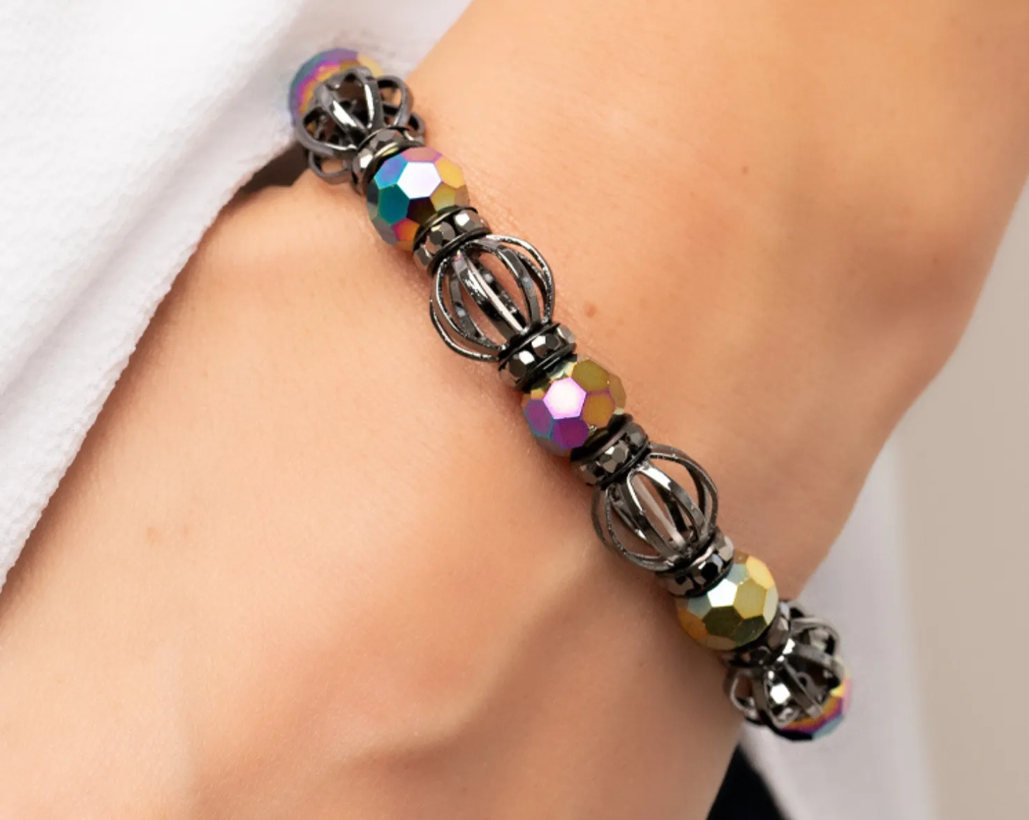 "Metro Squad" Faceted Oil Spill, Gunmetal, & Hematite Beaded Stretch Bracelet