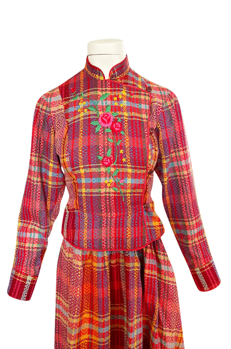 Rare 1970s Kenzo Woven and Floral Embroidered Jacket & Skirt Suit Set