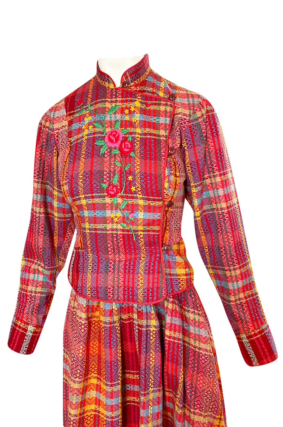 Rare 1970s Kenzo Woven and Floral Embroidered Jacket & Skirt Suit Set