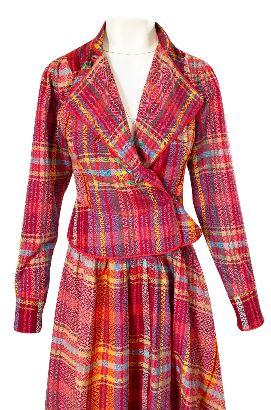 Rare 1970s Kenzo Woven and Floral Embroidered Jacket & Skirt Suit Set