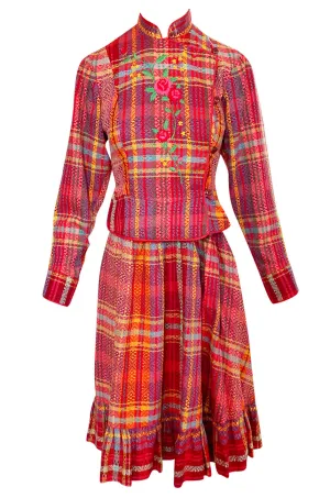 Rare 1970s Kenzo Woven and Floral Embroidered Jacket & Skirt Suit Set