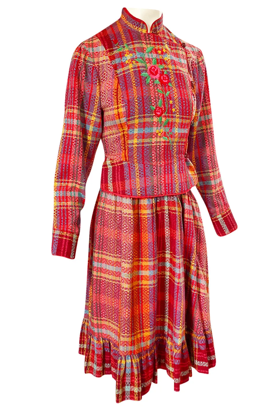 Rare 1970s Kenzo Woven and Floral Embroidered Jacket & Skirt Suit Set