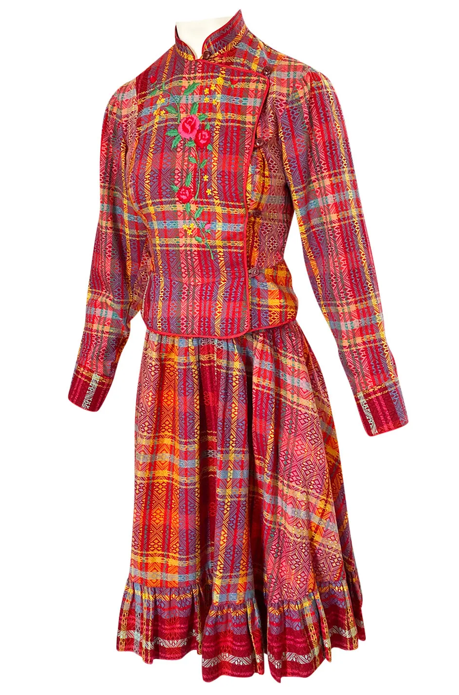 Rare 1970s Kenzo Woven and Floral Embroidered Jacket & Skirt Suit Set