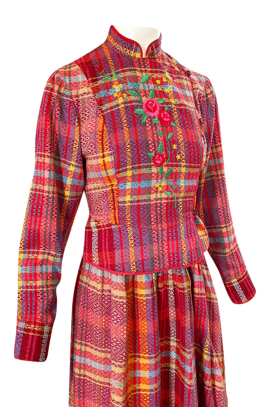 Rare 1970s Kenzo Woven and Floral Embroidered Jacket & Skirt Suit Set