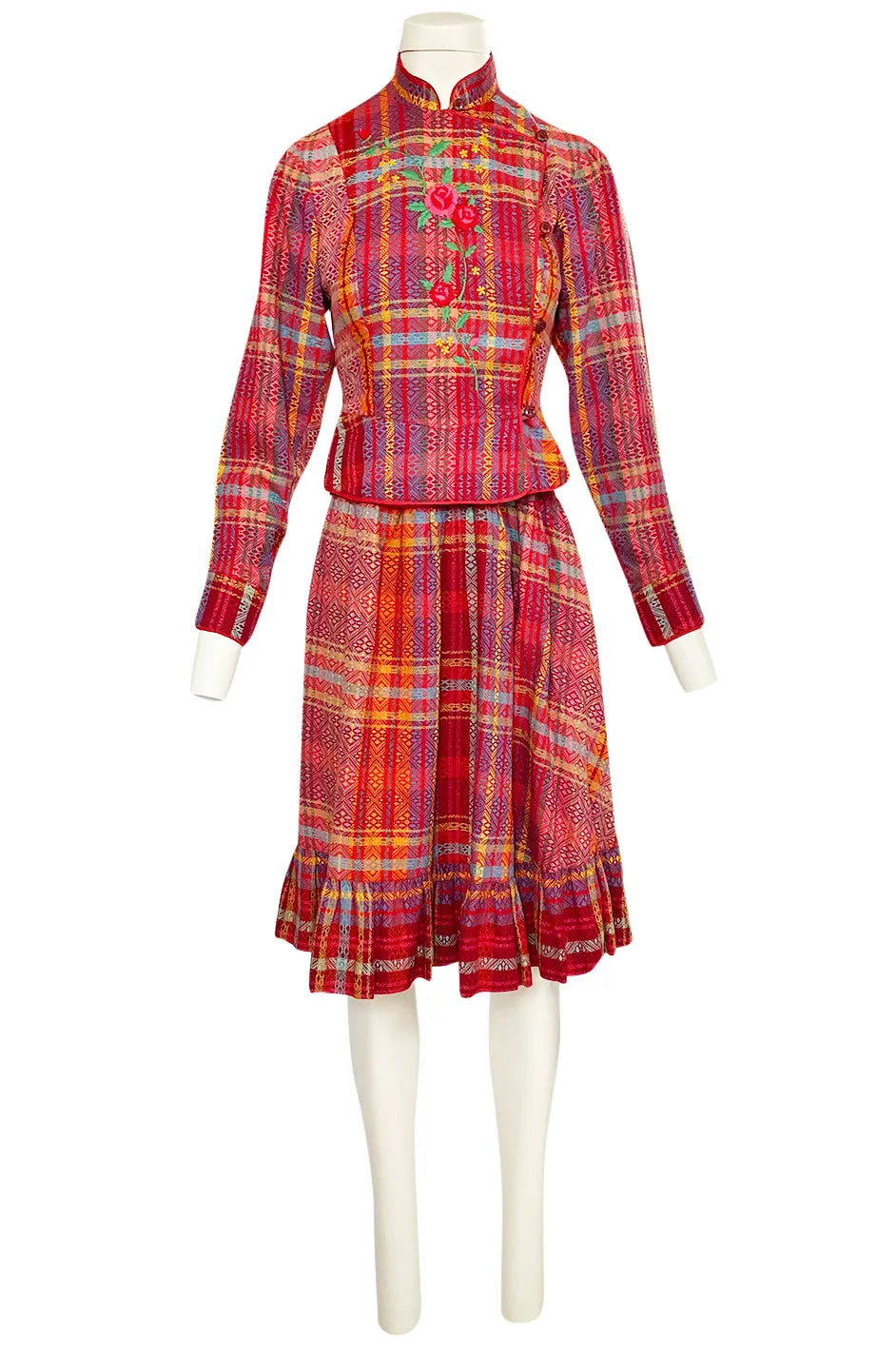 Rare 1970s Kenzo Woven and Floral Embroidered Jacket & Skirt Suit Set