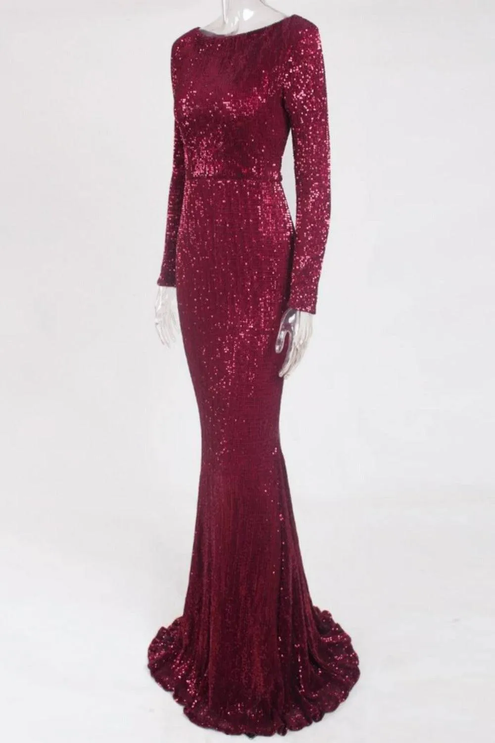 Red Long Sleeve Sequins Mermaid Maxi Dress