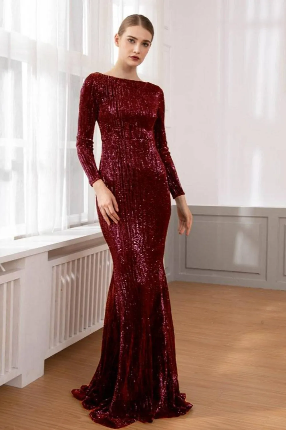 Red Long Sleeve Sequins Mermaid Maxi Dress