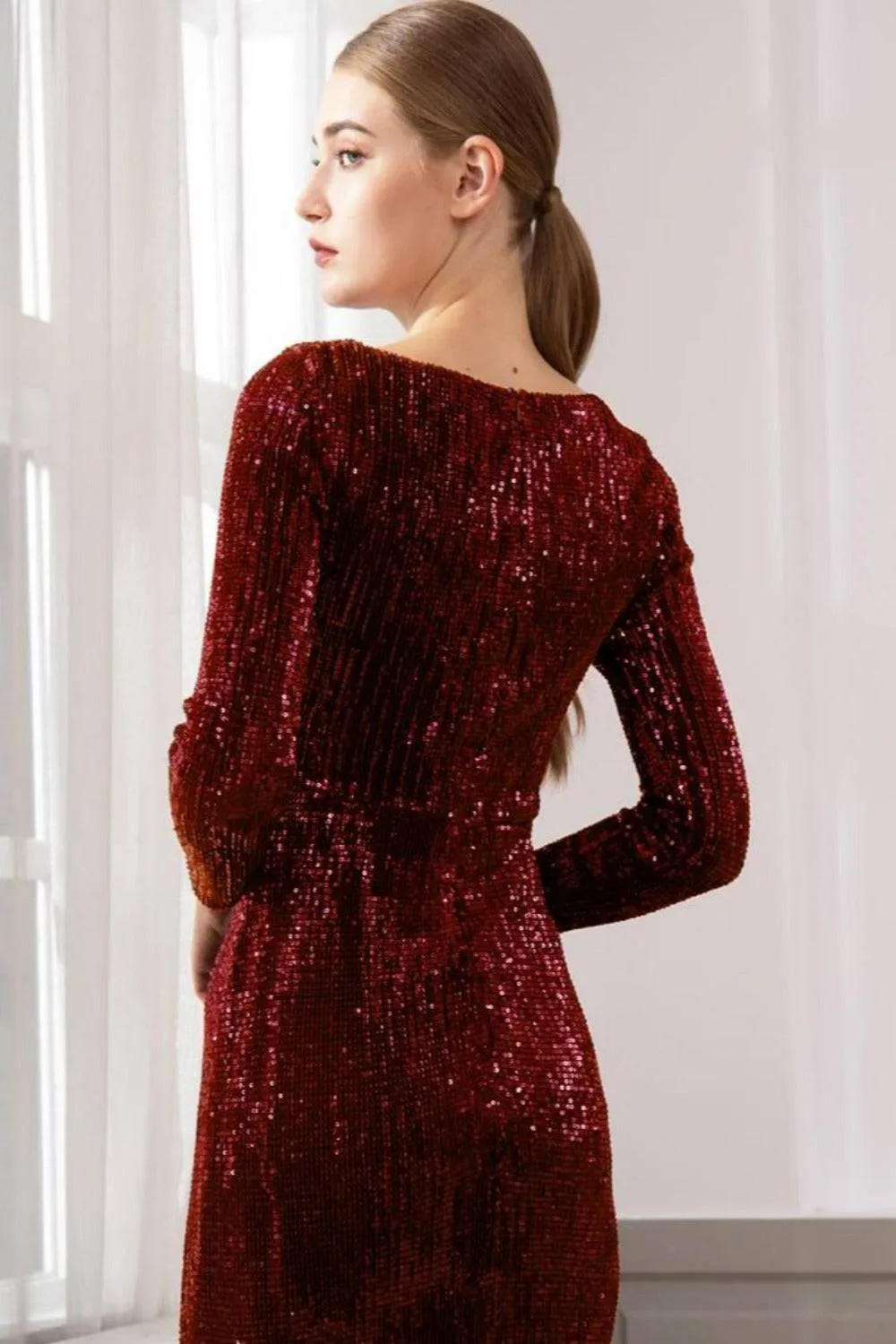 Red Long Sleeve Sequins Mermaid Maxi Dress
