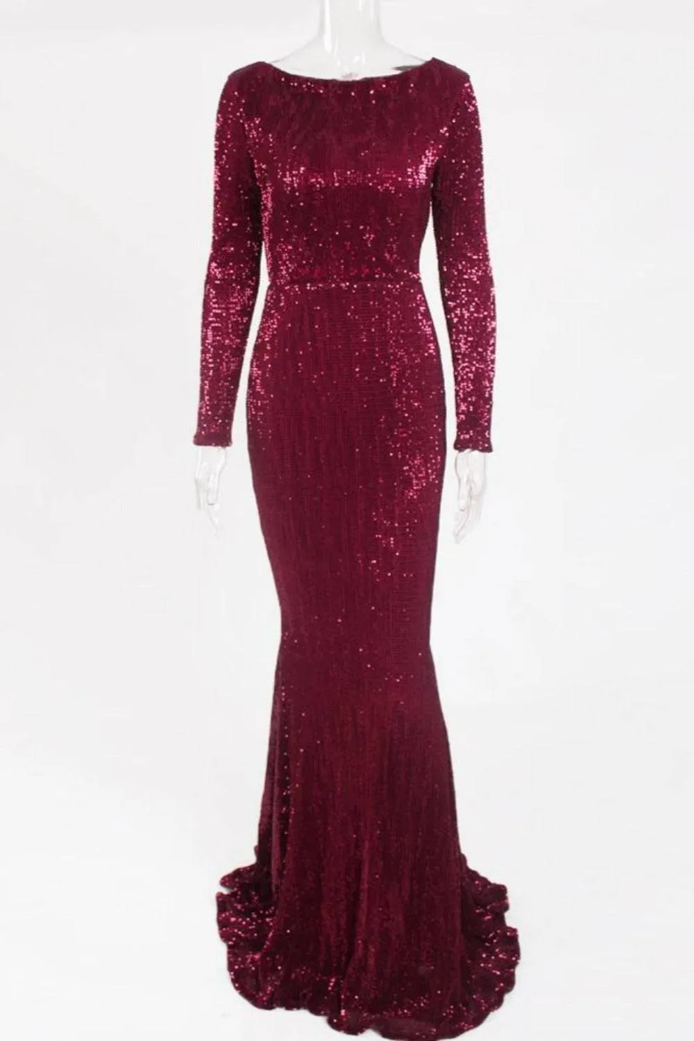 Red Long Sleeve Sequins Mermaid Maxi Dress