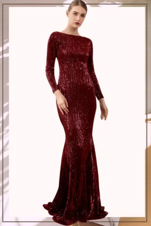 Red Long Sleeve Sequins Mermaid Maxi Dress