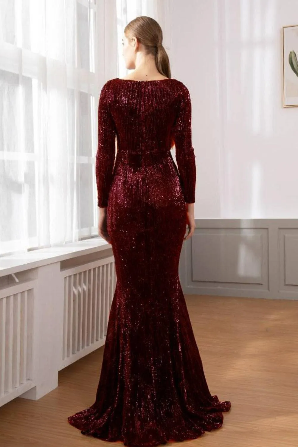 Red Long Sleeve Sequins Mermaid Maxi Dress