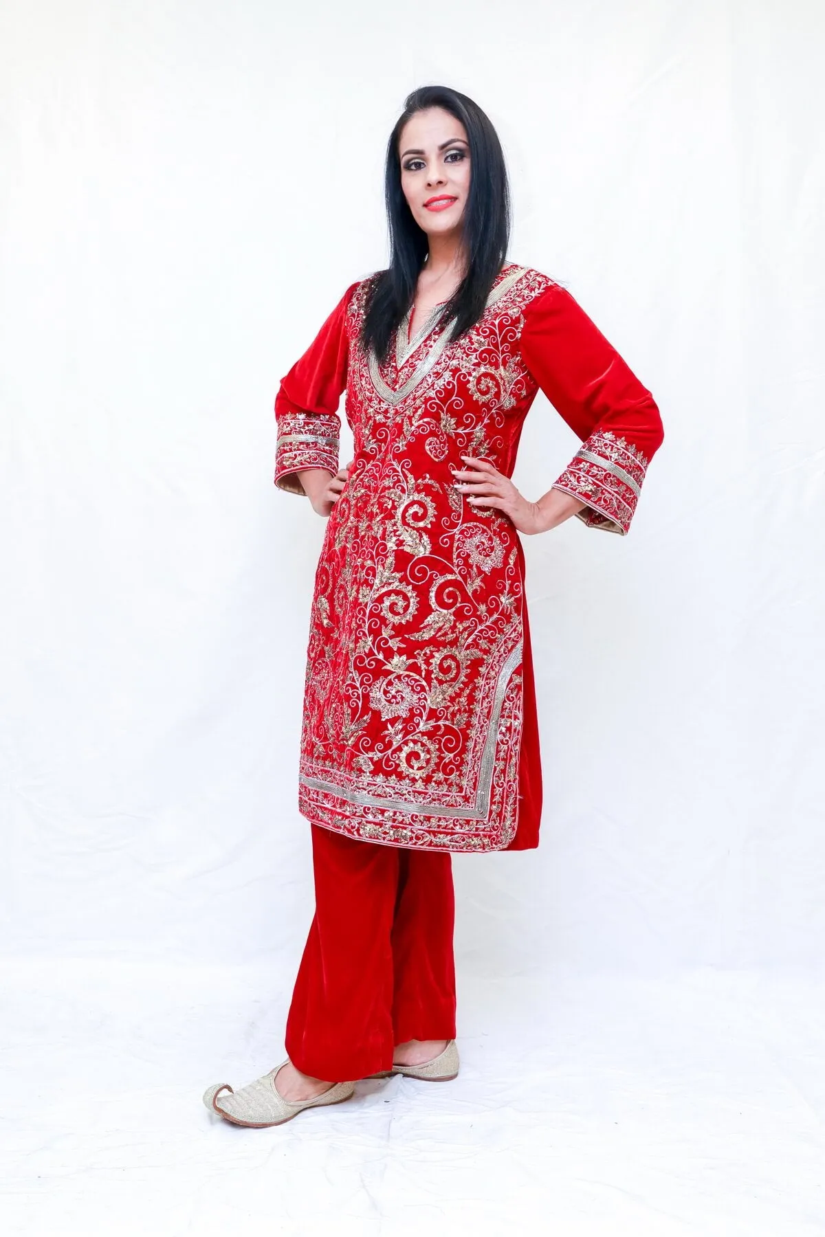 Red Velvet Embroidered Salwar Kameez Suit