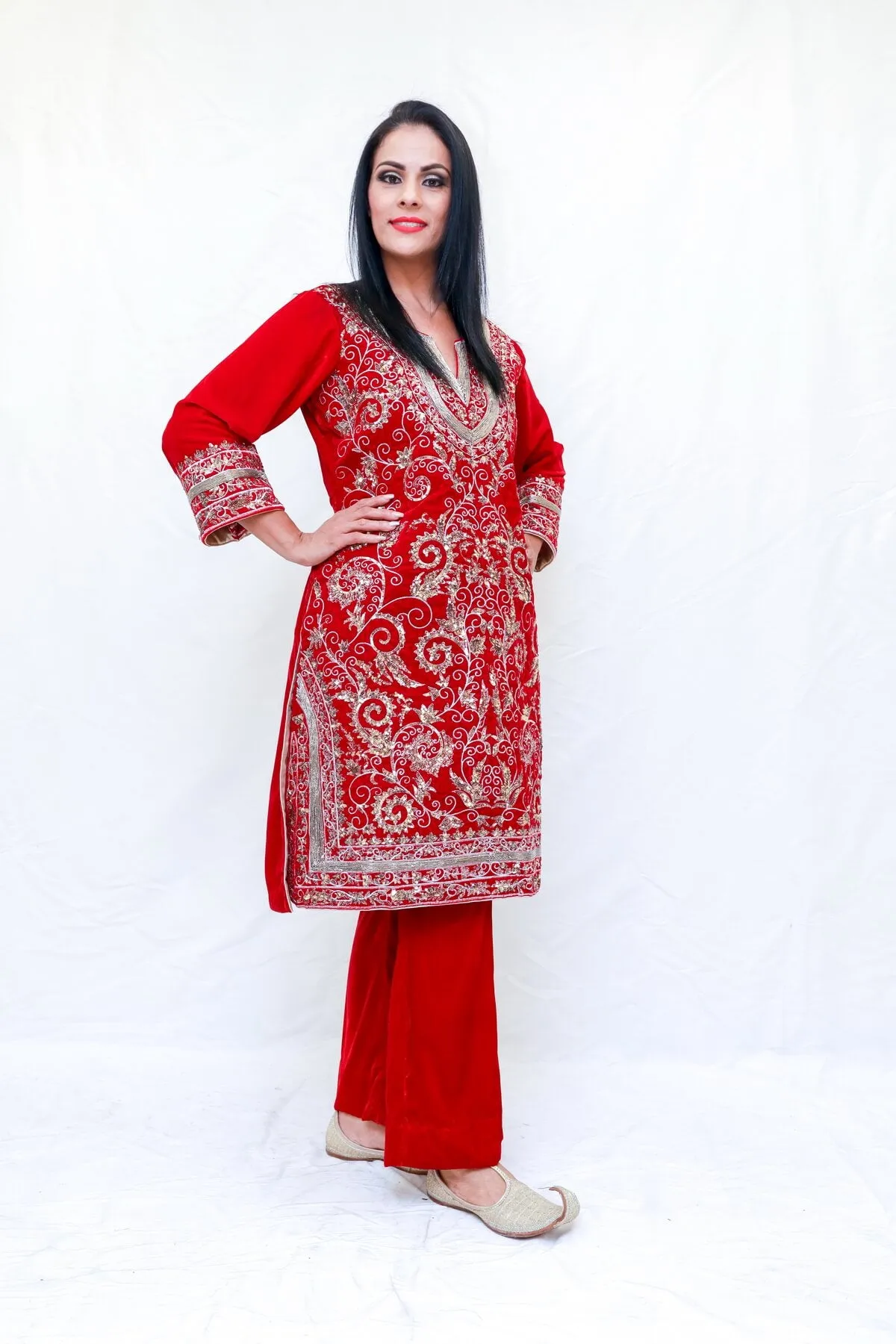 Red Velvet Embroidered Salwar Kameez Suit