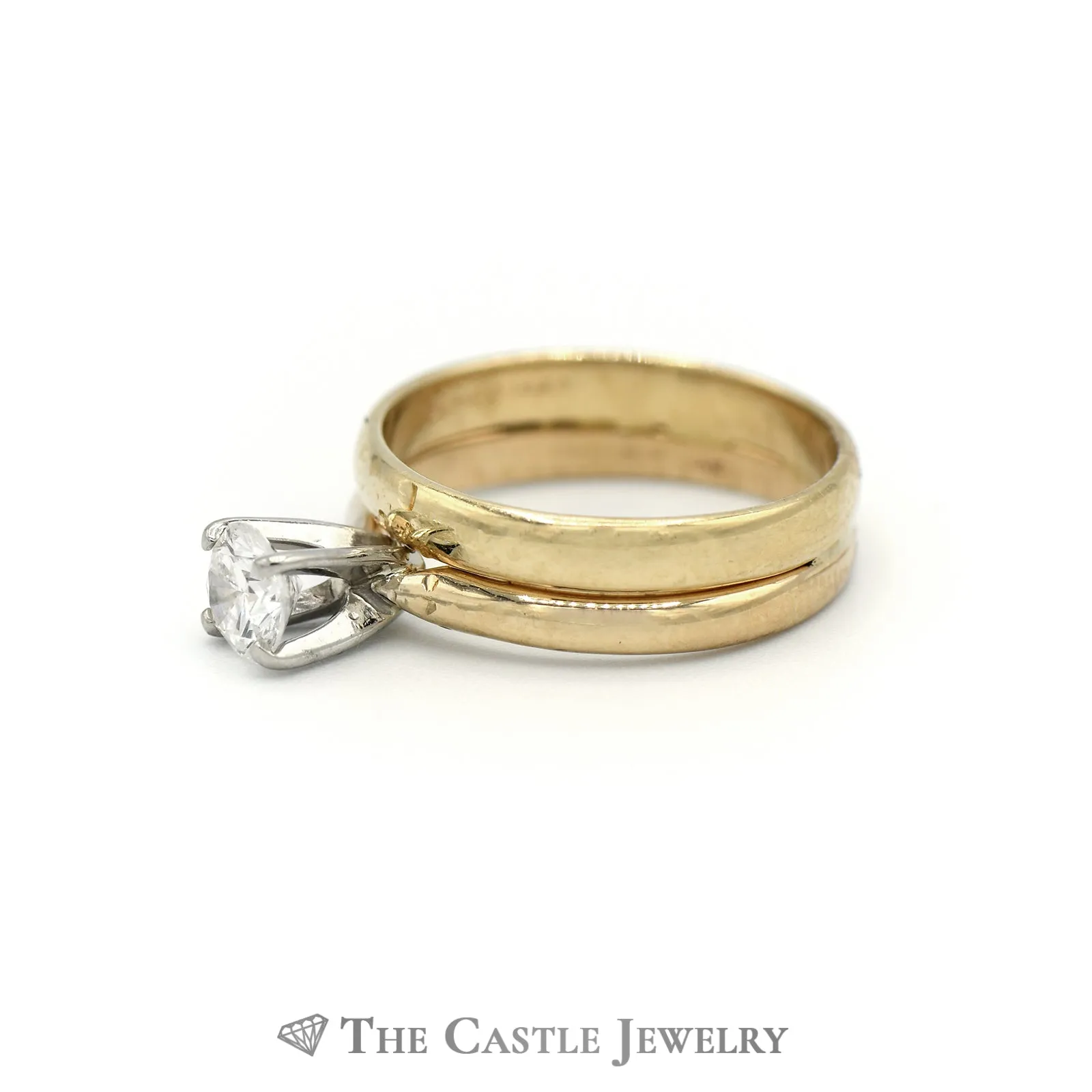 Round Brilliant Cut Diamond Solitaire w/ Soldered 3mm Wedding Band in 14K Gold