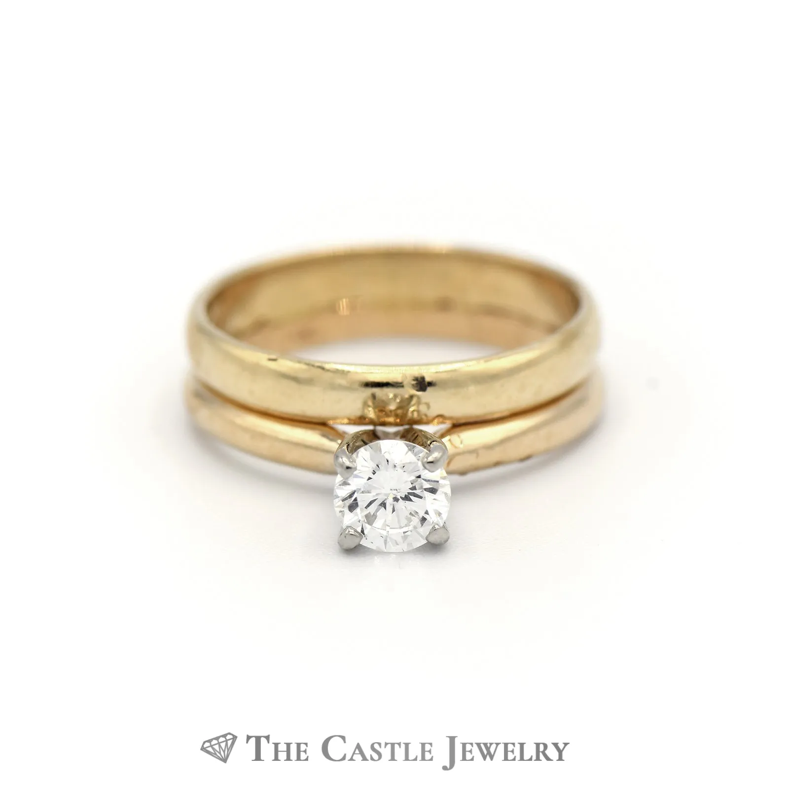 Round Brilliant Cut Diamond Solitaire w/ Soldered 3mm Wedding Band in 14K Gold