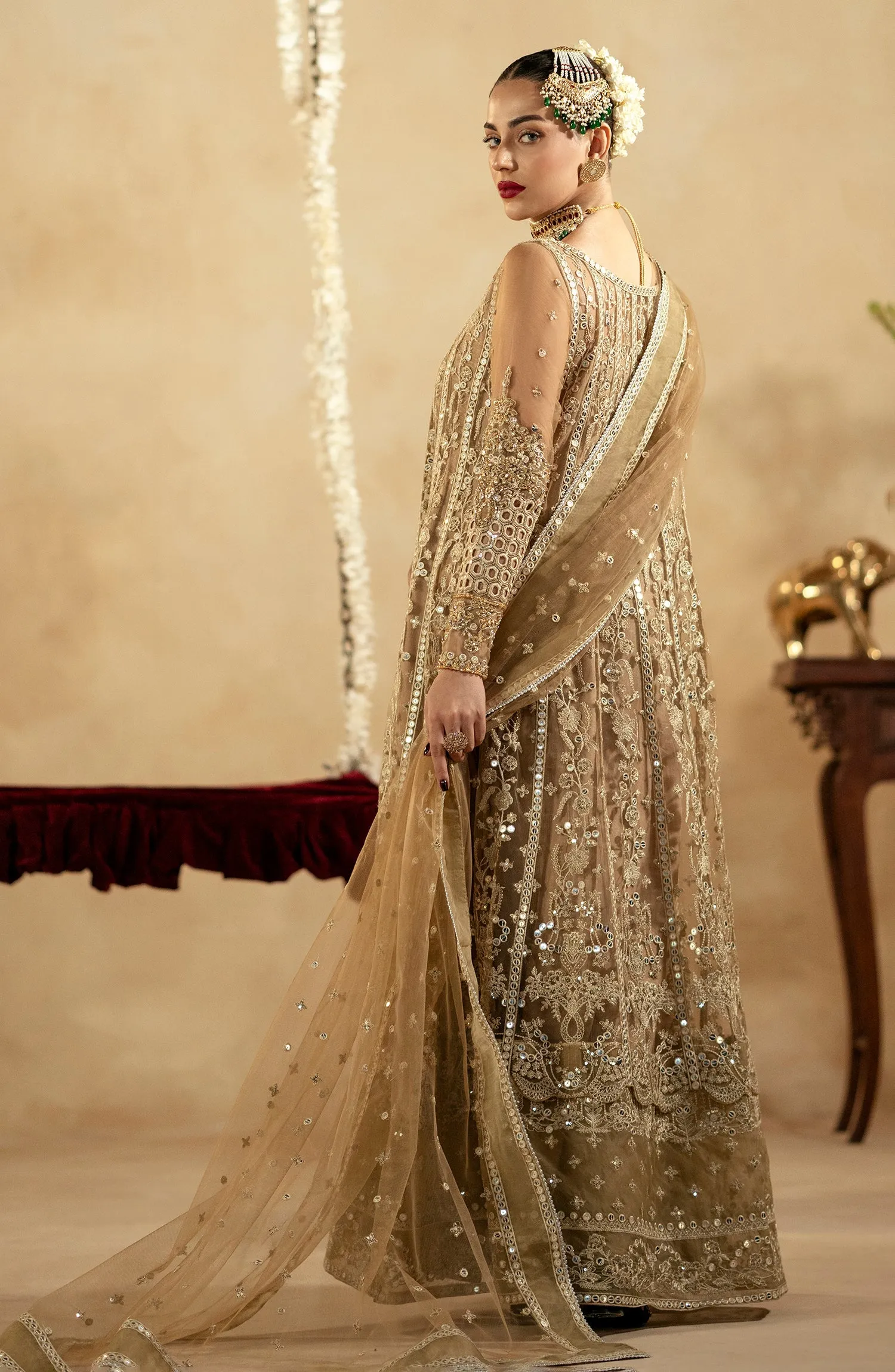 Royal Golden Embroidered Pakistani Wedding Dress Pishwas Frock