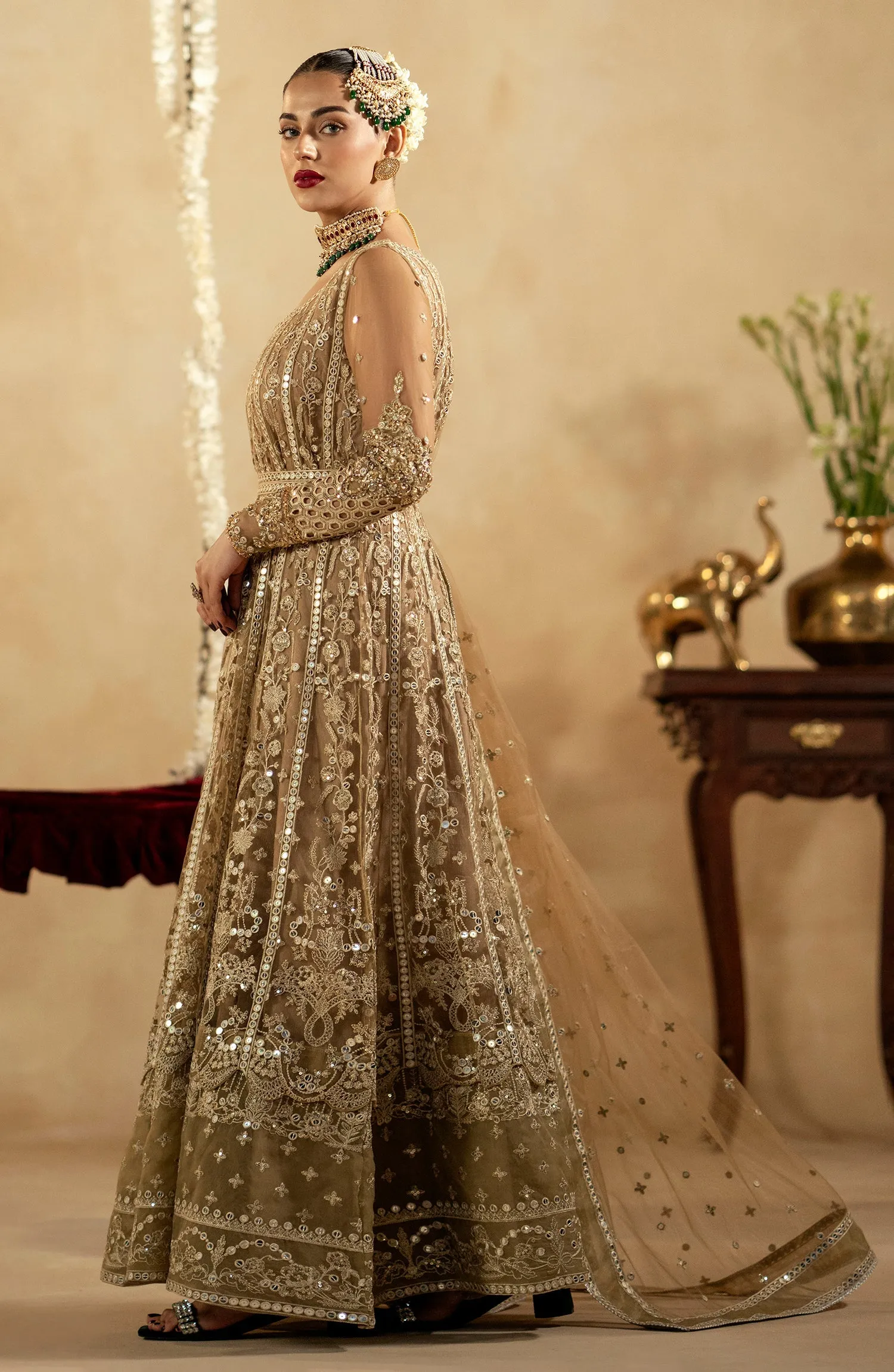 Royal Golden Embroidered Pakistani Wedding Dress Pishwas Frock