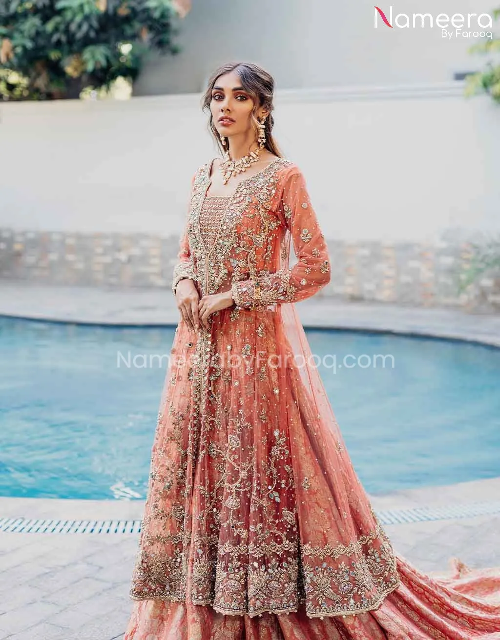 Royal Pakistani Peach Gown Bridal Lehenga Dress #BS602