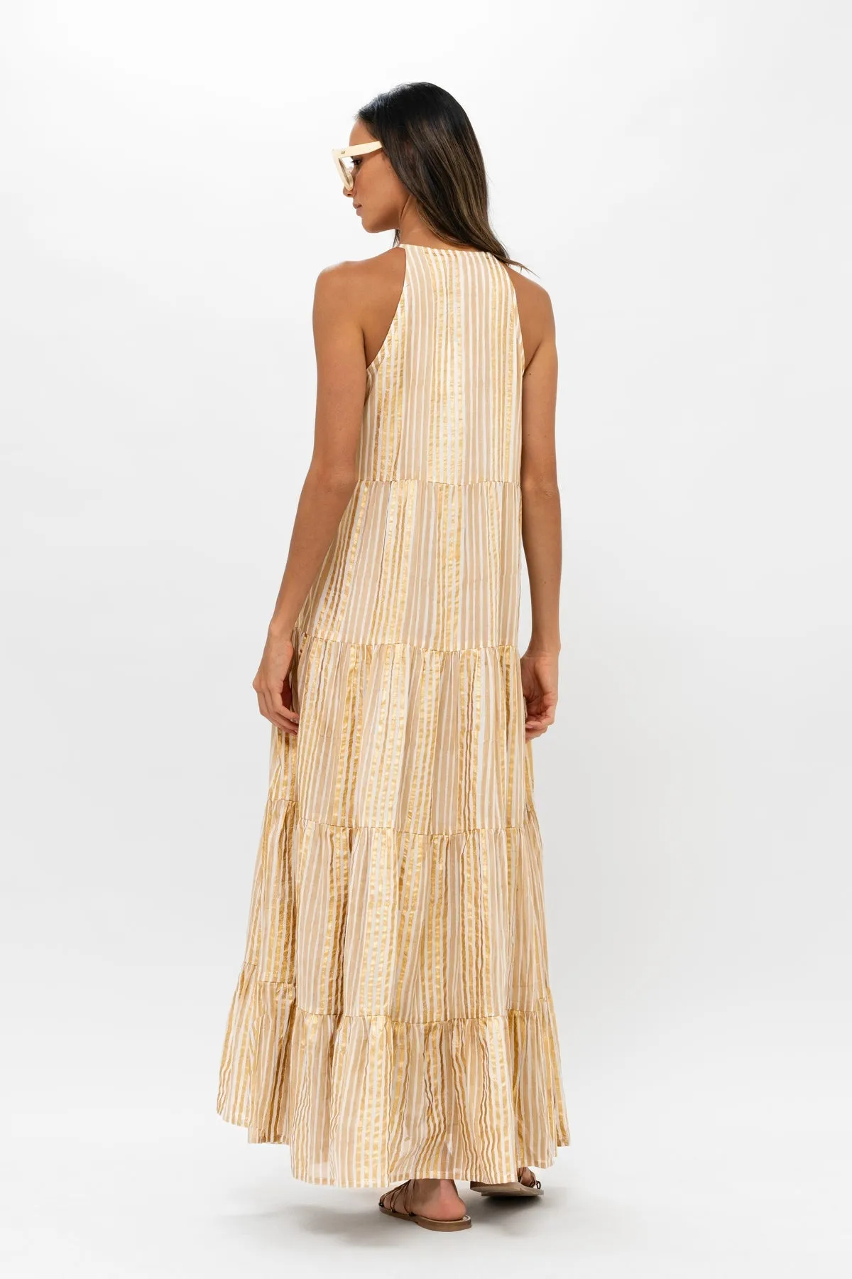 Samoa Tan Gold Long Tiered Tassel Dress