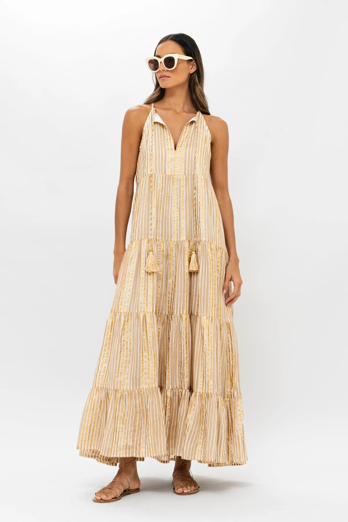 Samoa Tan Gold Long Tiered Tassel Dress