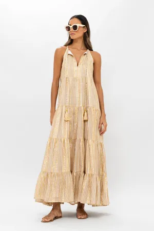 Samoa Tan Gold Long Tiered Tassel Dress