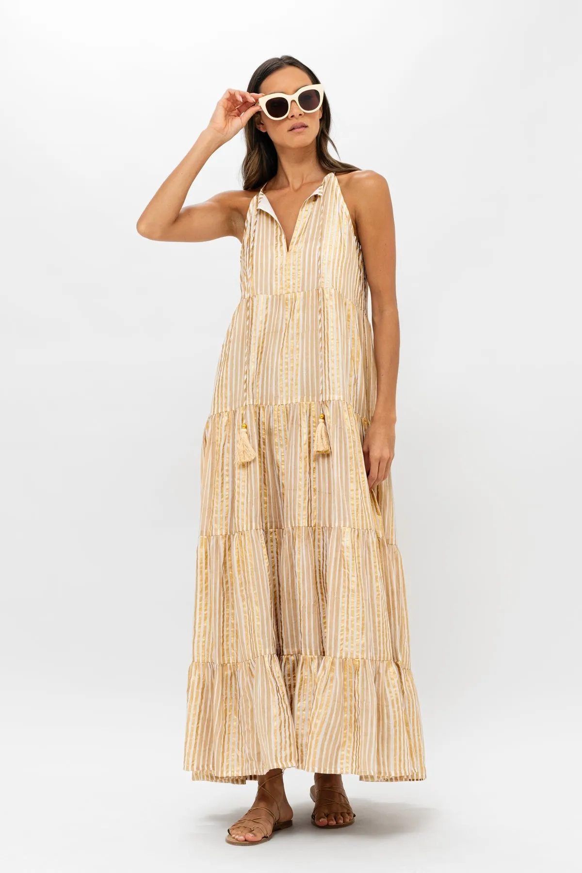 Samoa Tan Gold Long Tiered Tassel Dress