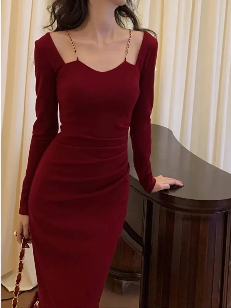 Sexy Bodycon Slim Midi Dress Spring Autumn Winter Black Red Evening Party Club Chic Dress