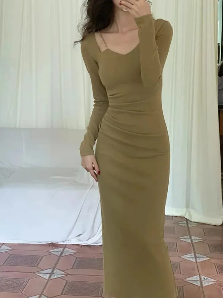 Sexy Bodycon Slim Midi Dress Spring Autumn Winter Black Red Evening Party Club Chic Dress