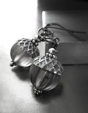 Silver Acorn Earrings with Grey Vintage Beads