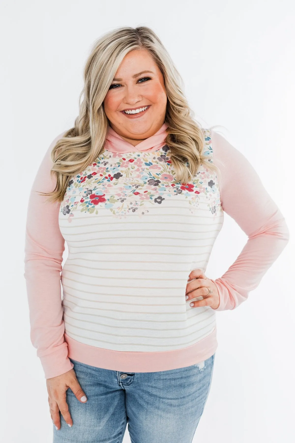 Simple Pleasures Floral & Stripes Hoodie- Light Peach