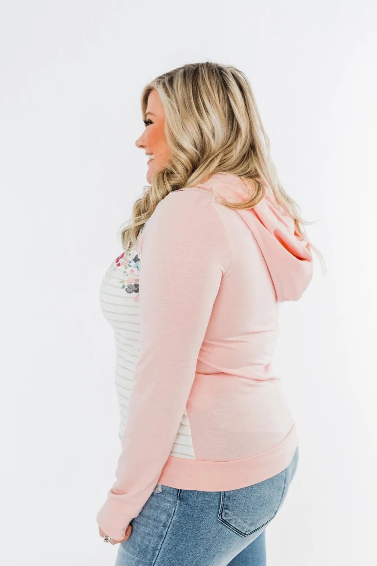 Simple Pleasures Floral & Stripes Hoodie- Light Peach