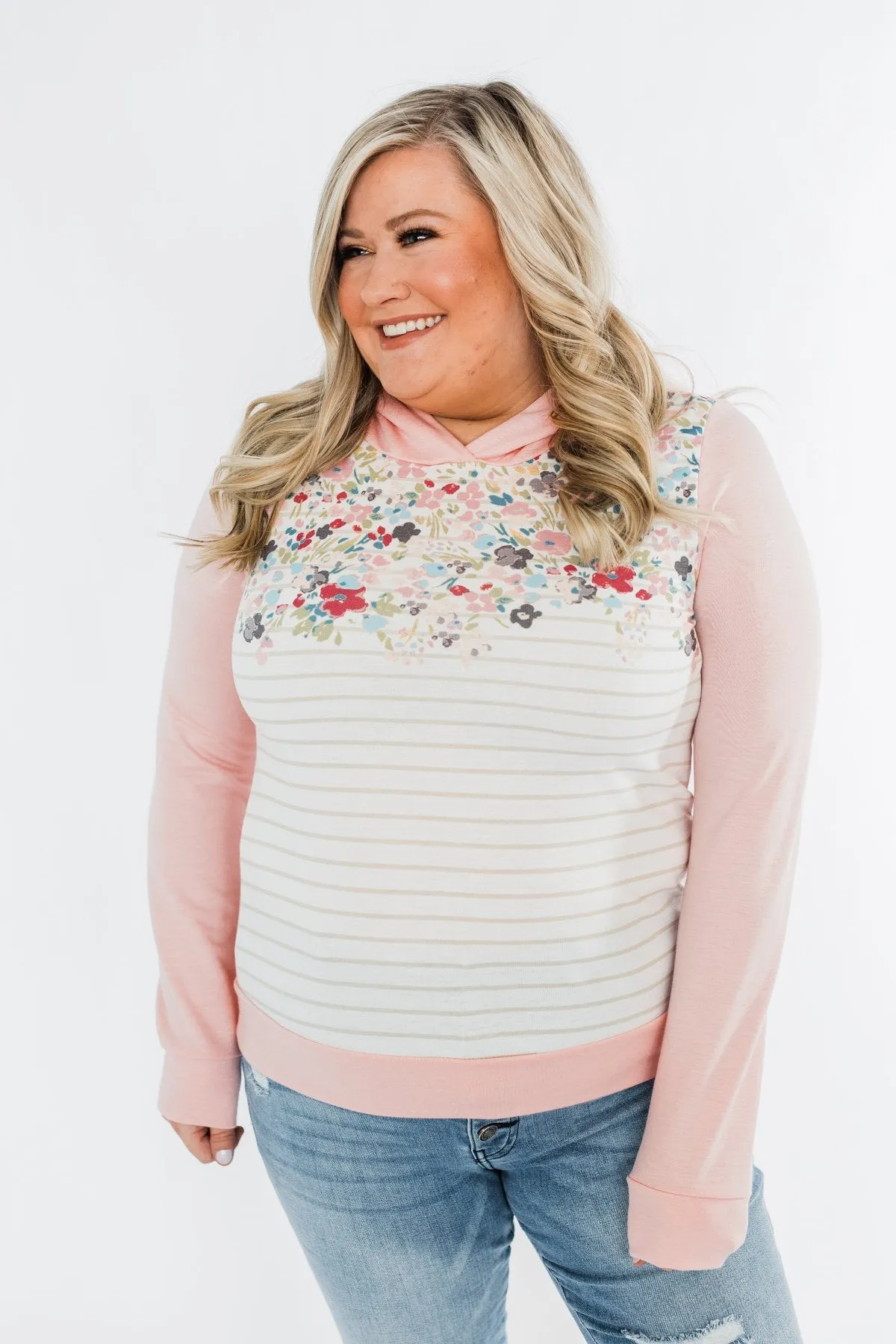 Simple Pleasures Floral & Stripes Hoodie- Light Peach