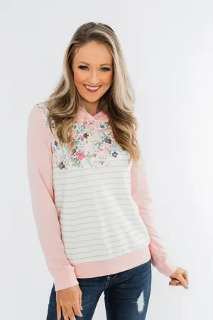 Simple Pleasures Floral & Stripes Hoodie- Light Peach