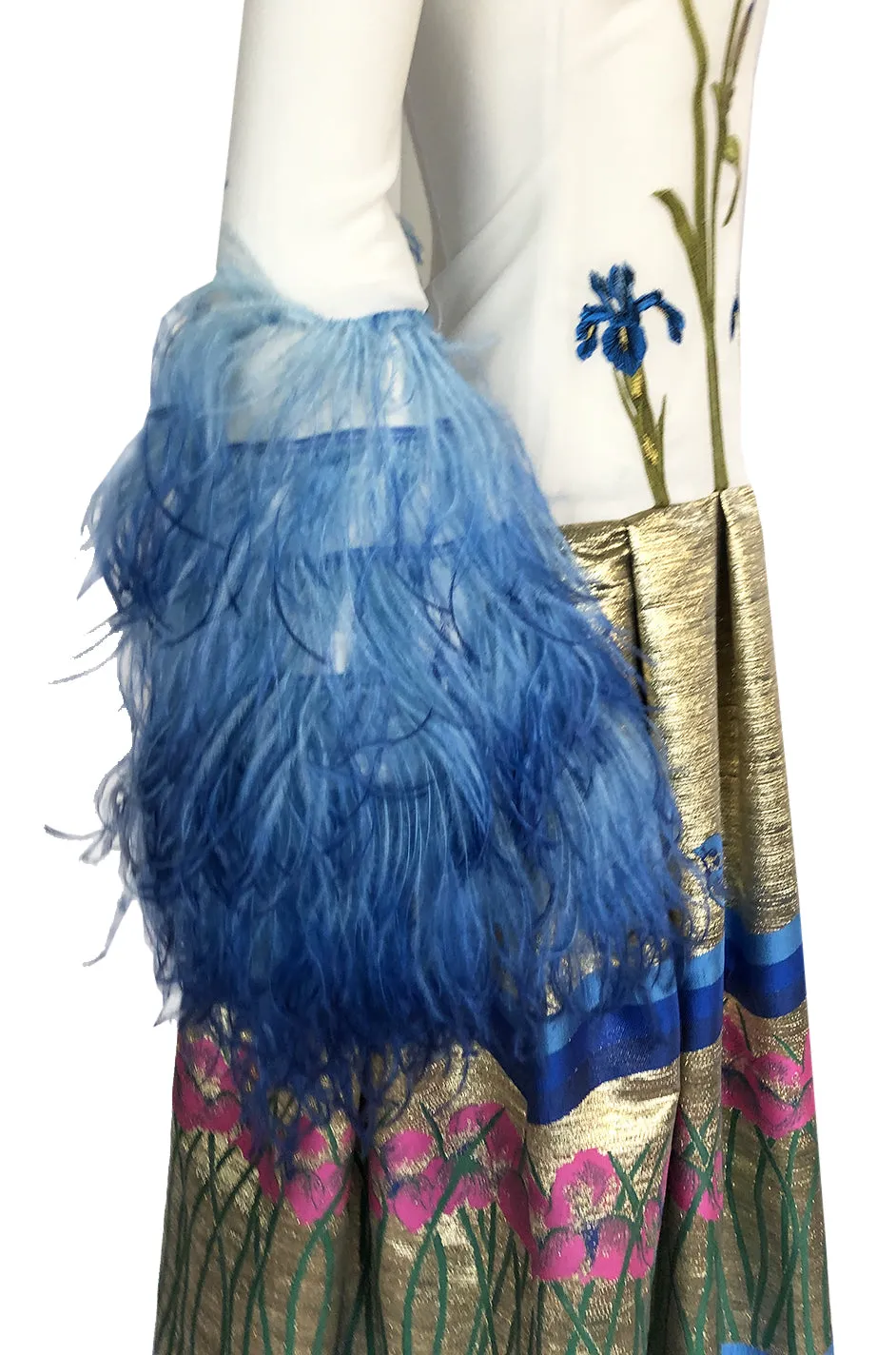 Spring 2018 Vivetta Floral Embroidery, Feather Cuff & Metallic Brocade Dress
