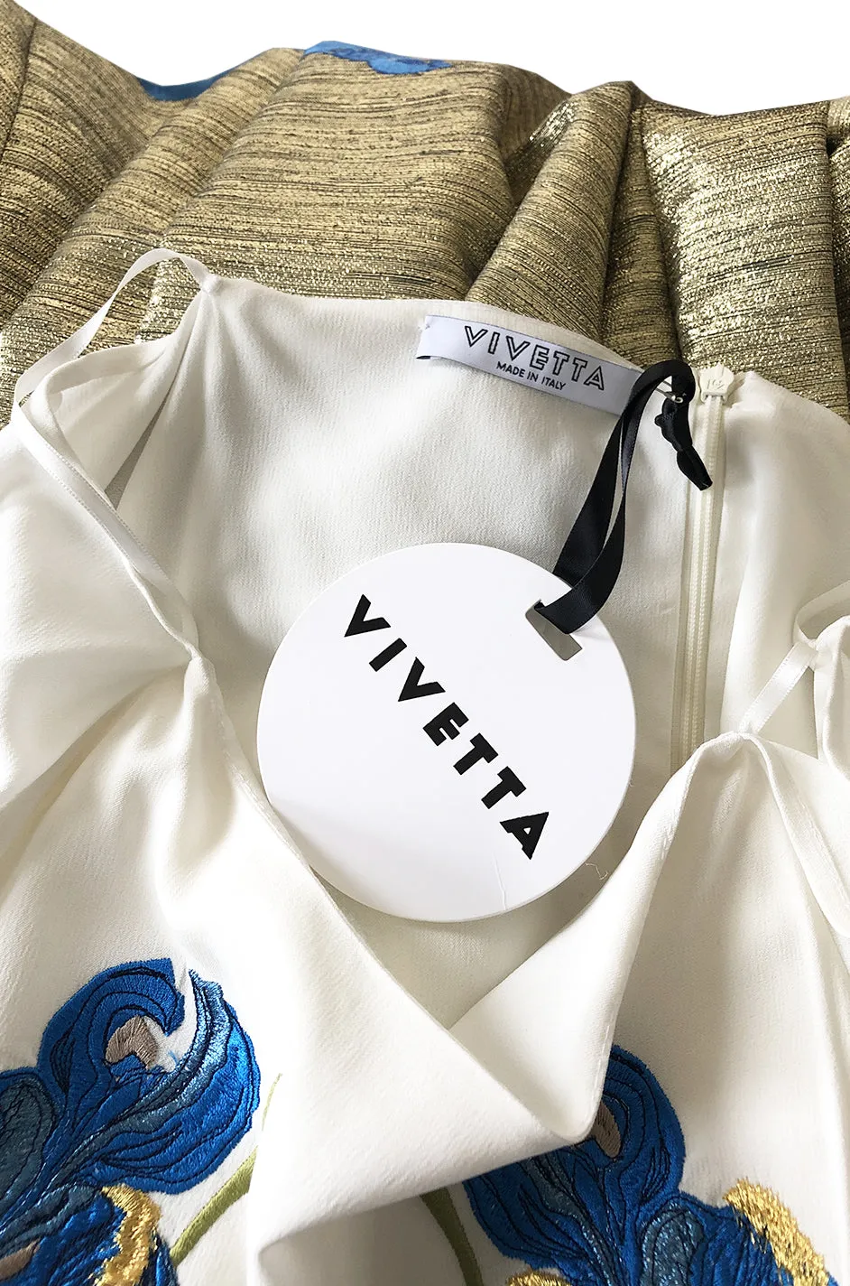 Spring 2018 Vivetta Floral Embroidery, Feather Cuff & Metallic Brocade Dress