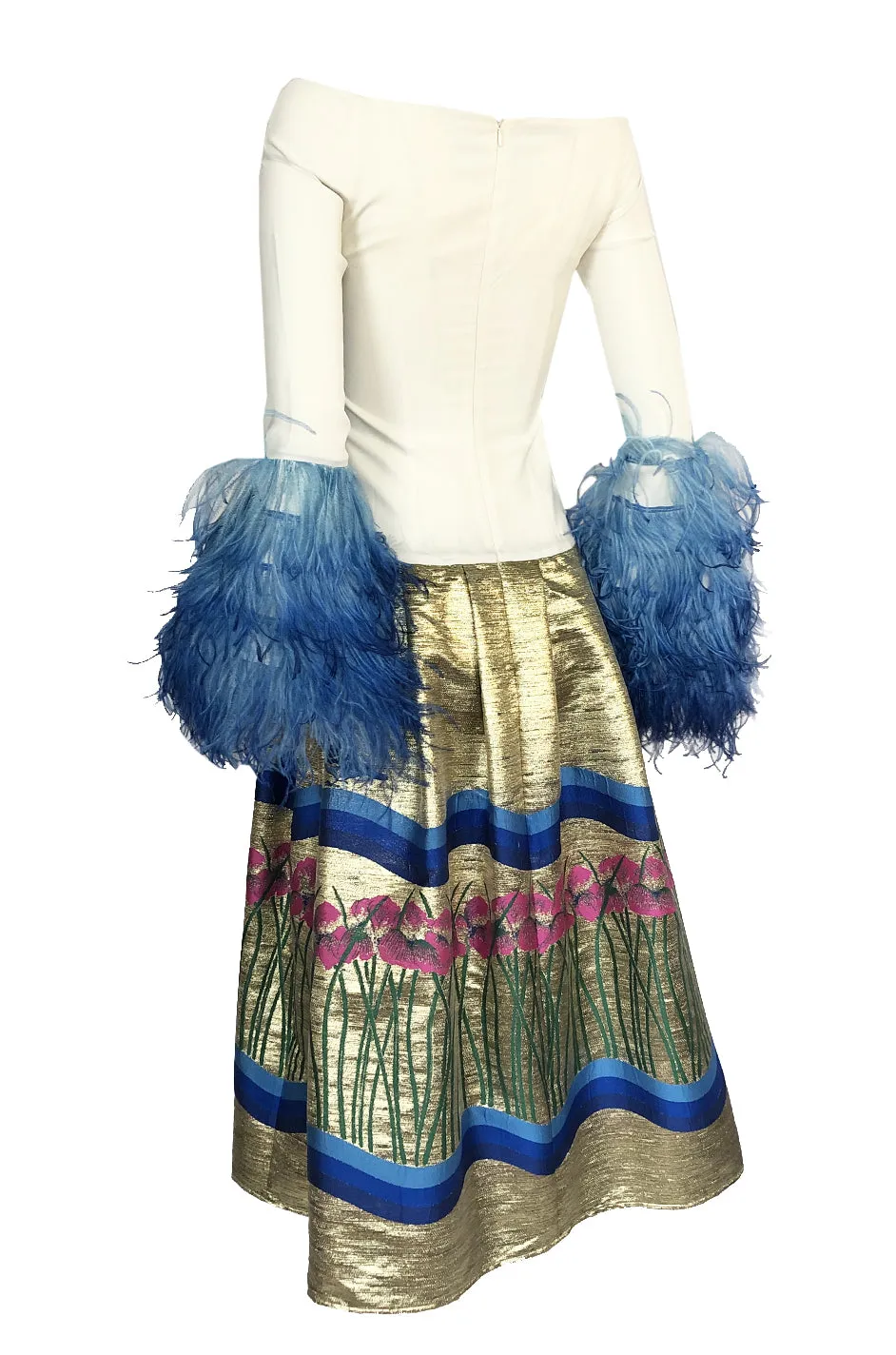 Spring 2018 Vivetta Floral Embroidery, Feather Cuff & Metallic Brocade Dress