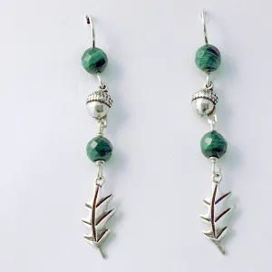 Sterling Silver acorn & oak leaf dangle earrings- tree, acorns,oaks, malachite