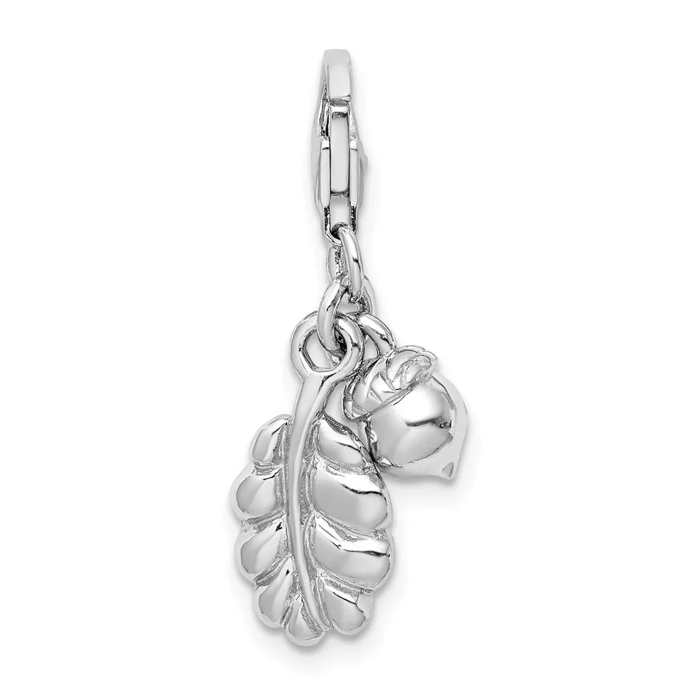 Sterling Silver Amore La Vita Rhodium-plated 3D Acorn and Leaf Charm
