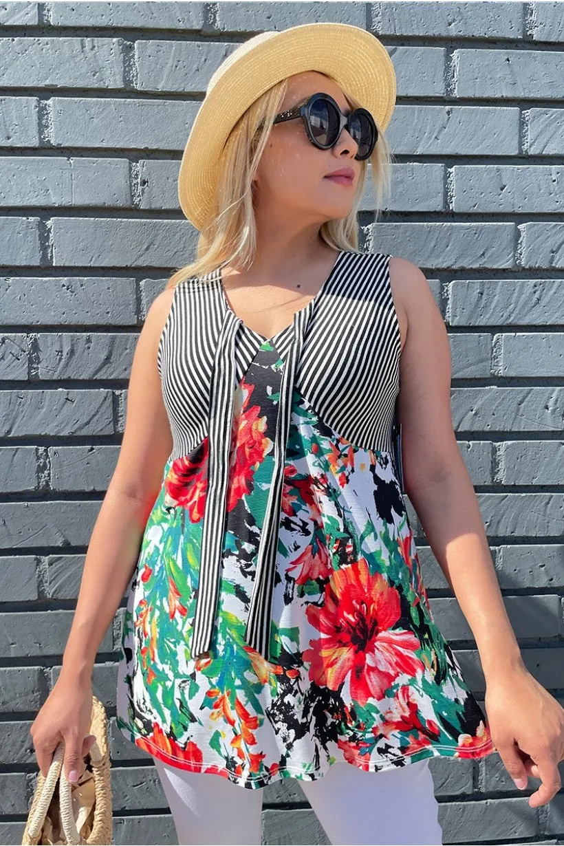Stripe & Floral Sleeveless Top