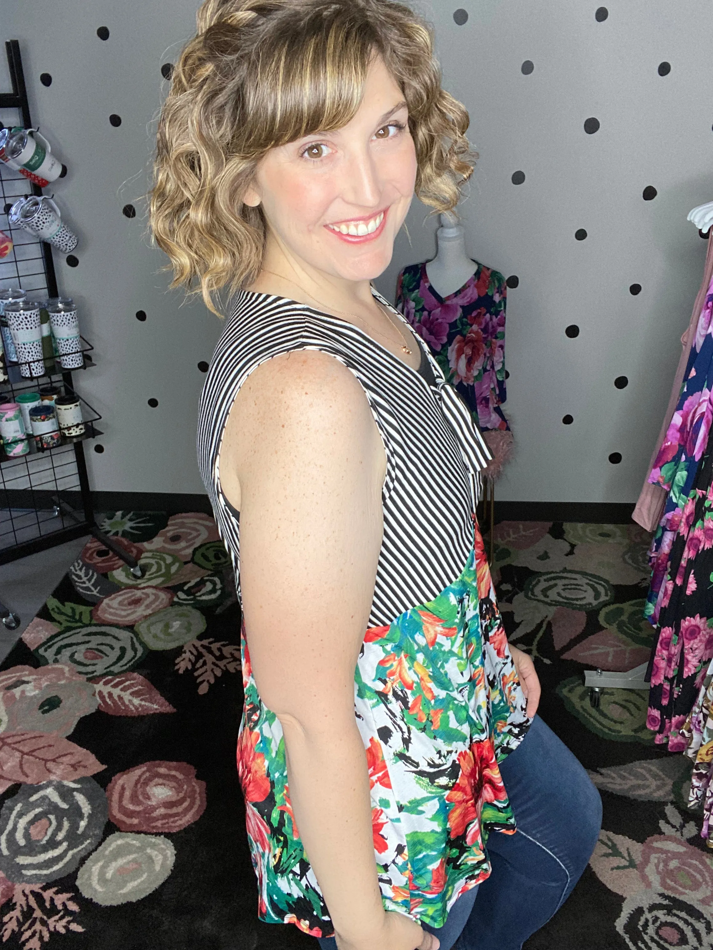 Stripe & Floral Sleeveless Top