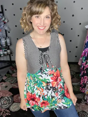 Stripe & Floral Sleeveless Top