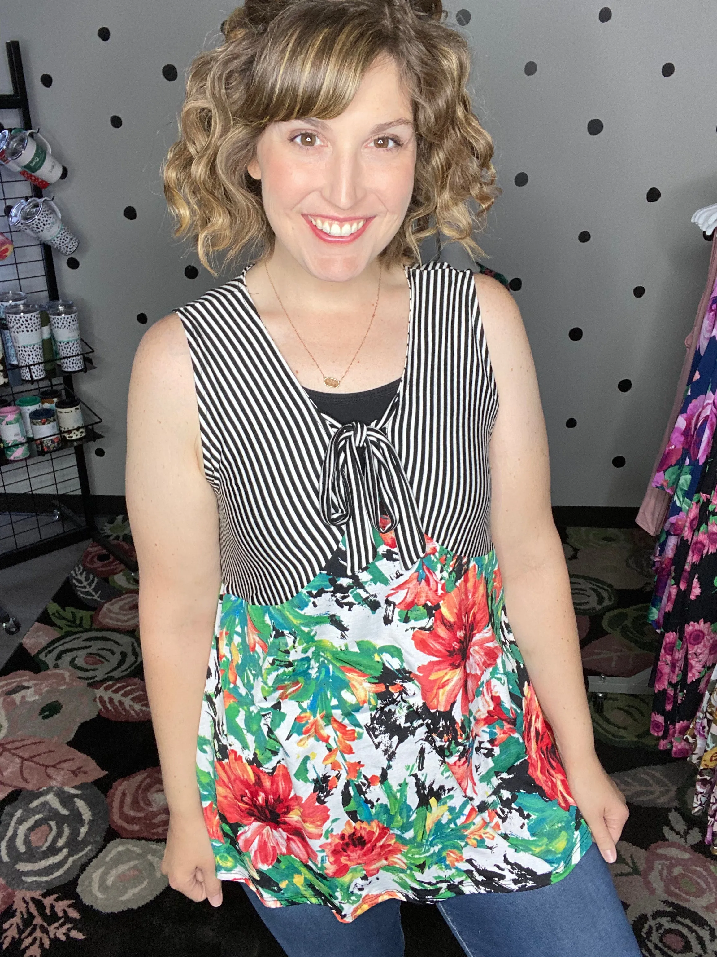 Stripe & Floral Sleeveless Top
