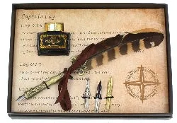 Striped Feather Quill Pen, Nibs and Ink